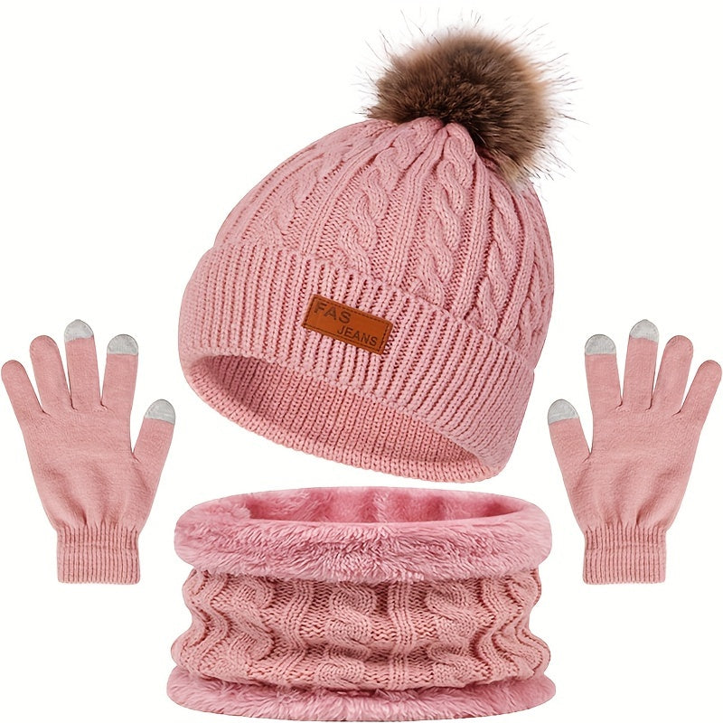 Women's 3-in-1 Cable Knit Winter Set - Pompom Hat, Neck Warmer, and Touchscreen Gloves