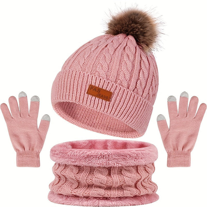 Women's 3-in-1 Cable Knit Winter Set - Pompom Hat, Neck Warmer, and Touchscreen Gloves