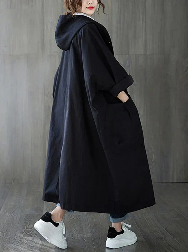Women's Oversize Long Coat - Hooded and Large Pockets