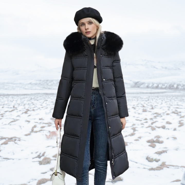 Women's Long Down Coat - Hooded and Fluffy Collar