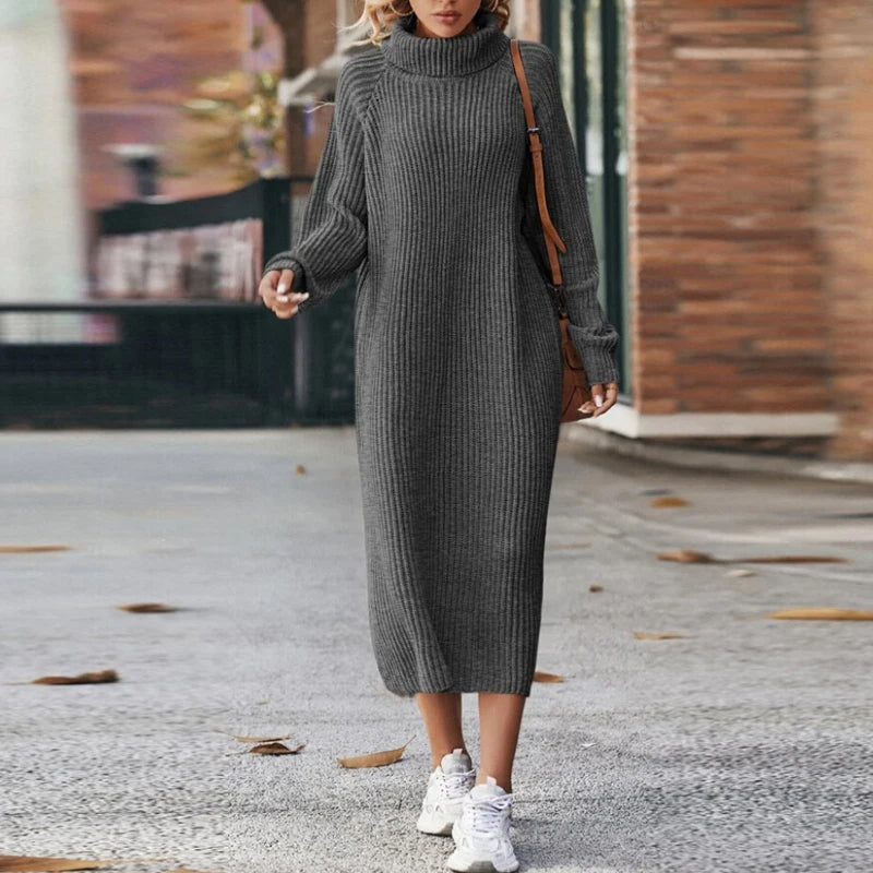 Women's Knitted Sweater Dress - Midi with Turtleneck