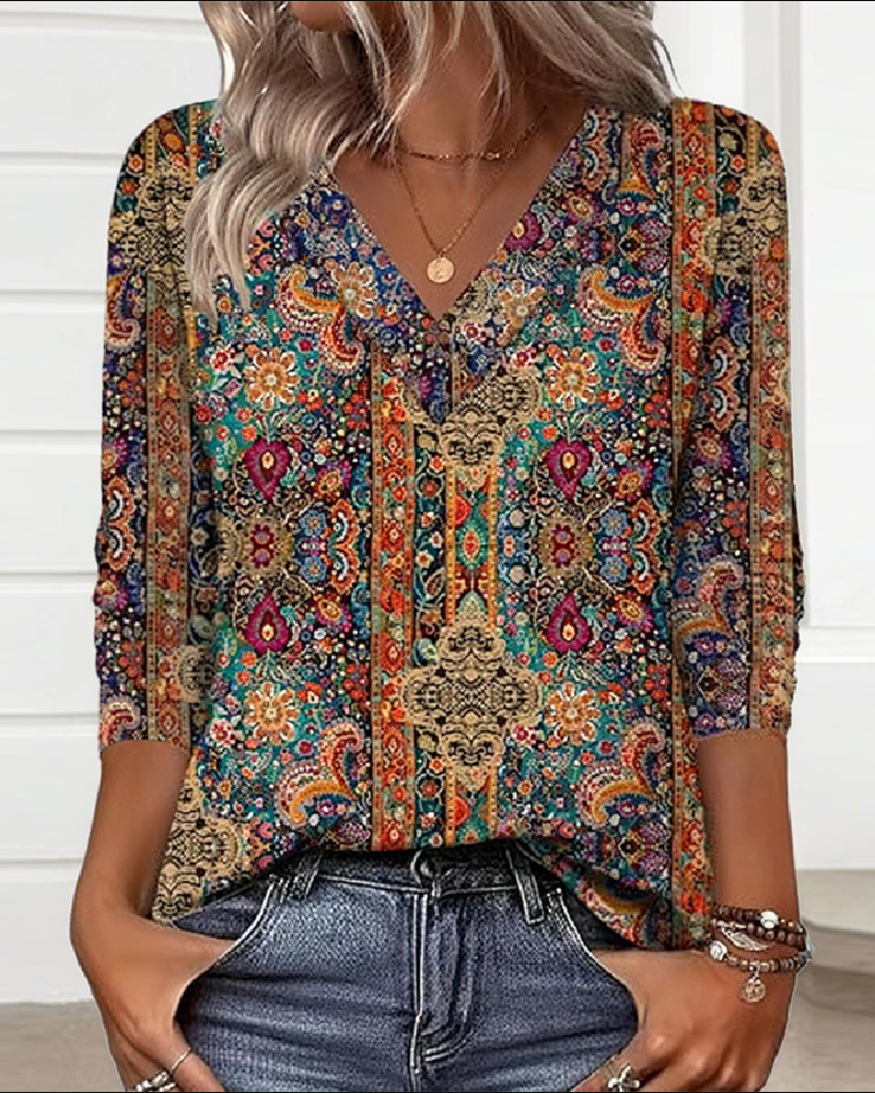 Marjanka | Retro Gedrukte Blouse V-Hals