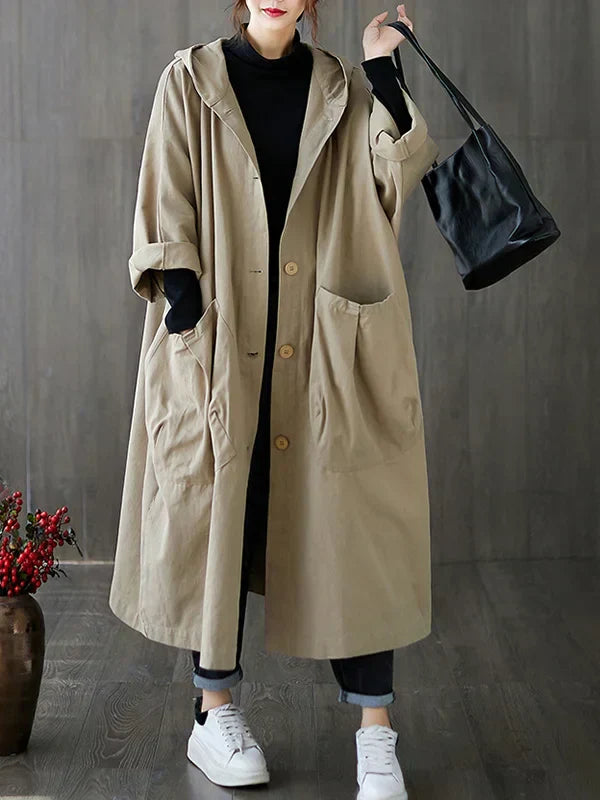 Women's Oversize Long Coat - Hooded and Large Pockets