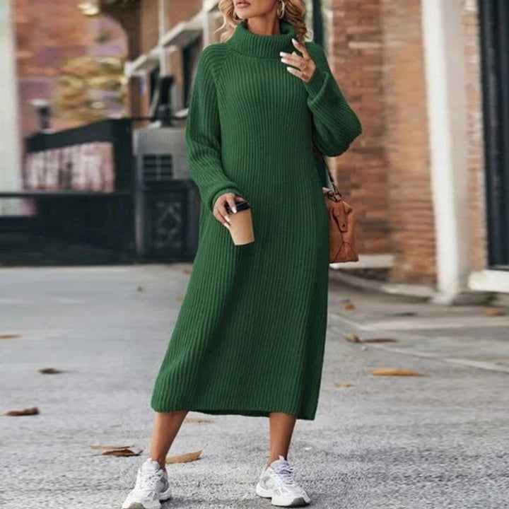 Women's Knitted Sweater Dress - Midi with Turtleneck