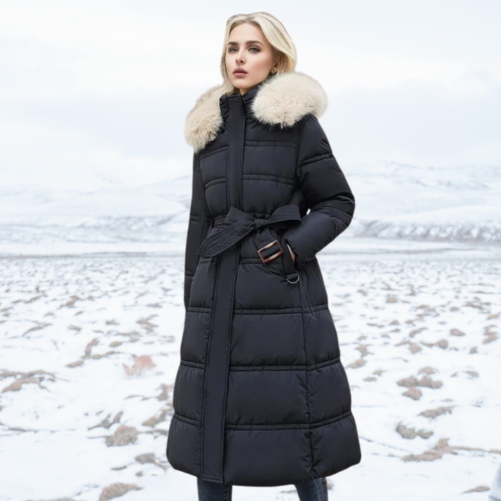 Women's Long Down Coat - Hooded and Fluffy Collar