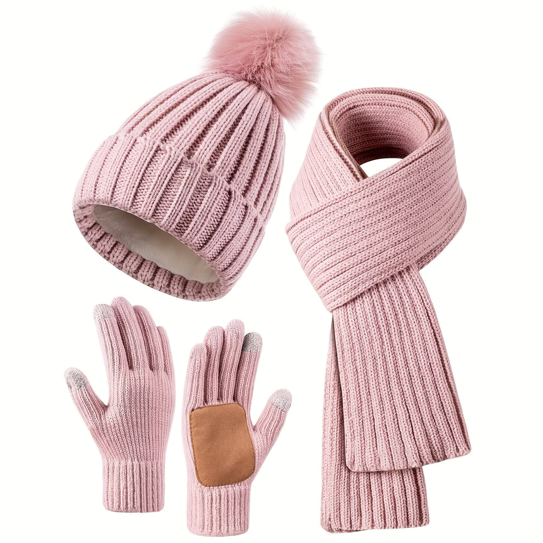 Women's Knitted Winter Set 3 in 1 - Pompom Hat, Scarf and Touchscreen Gloves