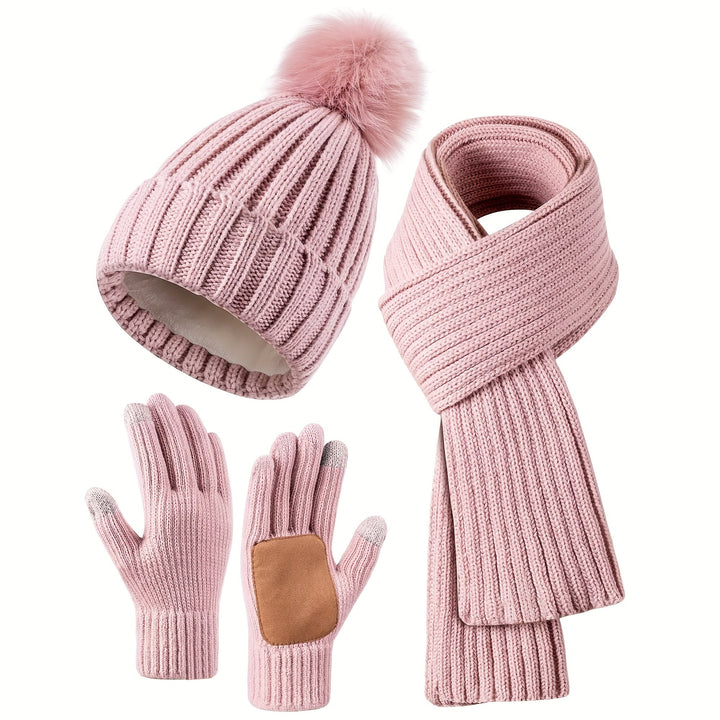 Women's Knitted Winter Set 3 in 1 - Pompom Hat, Scarf and Touchscreen Gloves