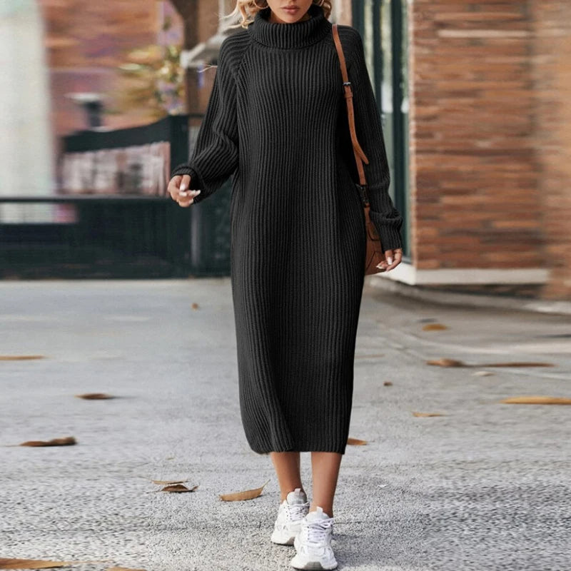 Women's Knitted Sweater Dress - Midi with Turtleneck