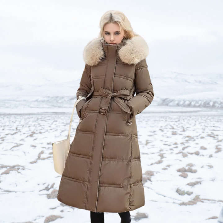 Women's Long Down Coat - Hooded and Fluffy Collar