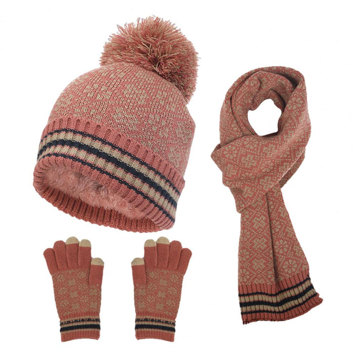 Women's 3-in-1 Winter Set with Jacquard Pattern - Pompom Hat, Scarf and Touchscreen Gloves