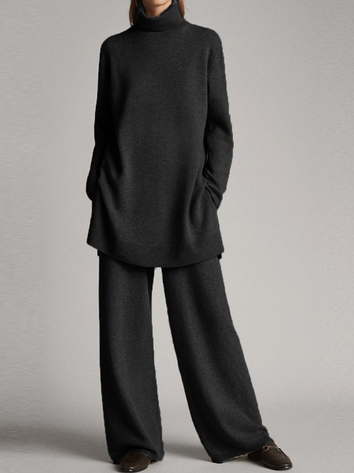 Damski Komplet Wypoczynkowy - Oversize Sweter Golf I Szerokie Spodnie