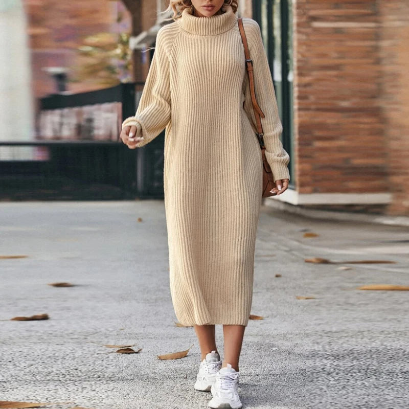 Women's Knitted Sweater Dress - Midi with Turtleneck