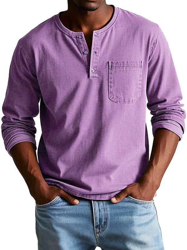 Męska Koszula Henley - Długi Rękaw i Kieszeń Na Piersi