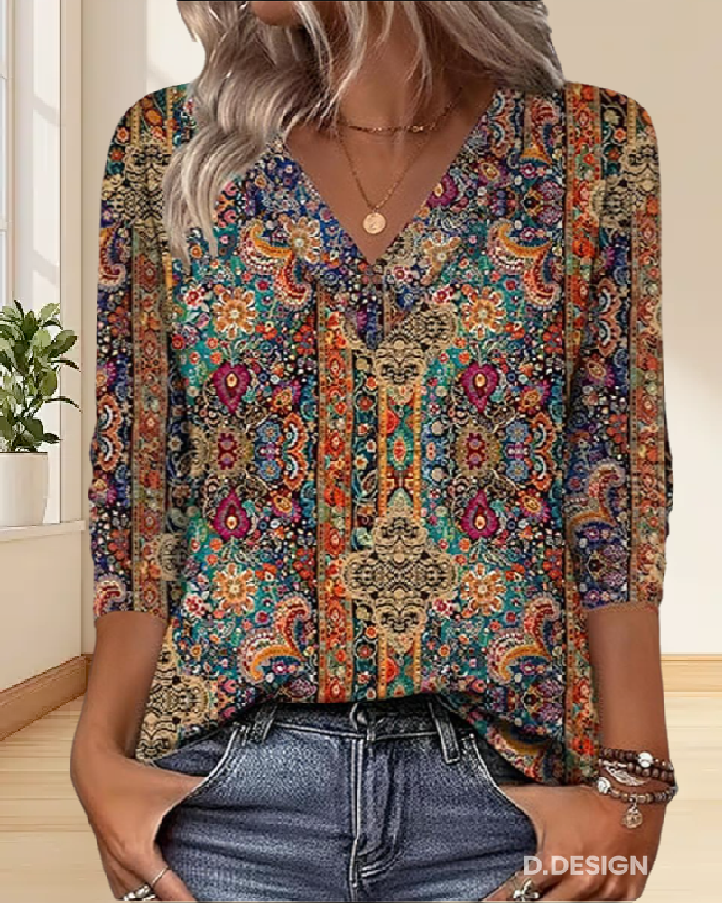Marjanka | Retro Gedrukte Blouse V-Hals