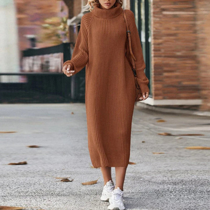 Women's Knitted Sweater Dress - Midi with Turtleneck