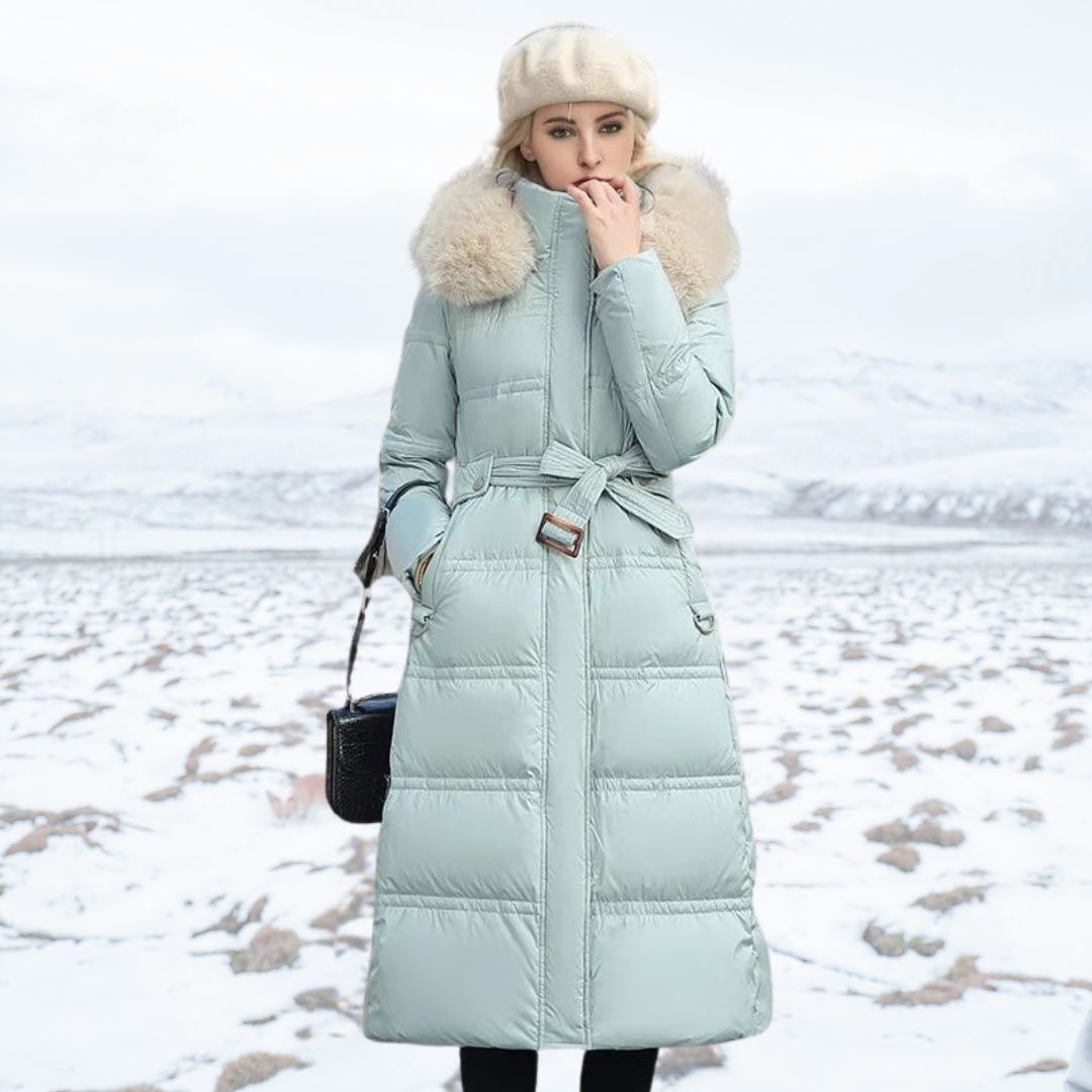 Women's Long Down Coat - Hooded and Fluffy Collar