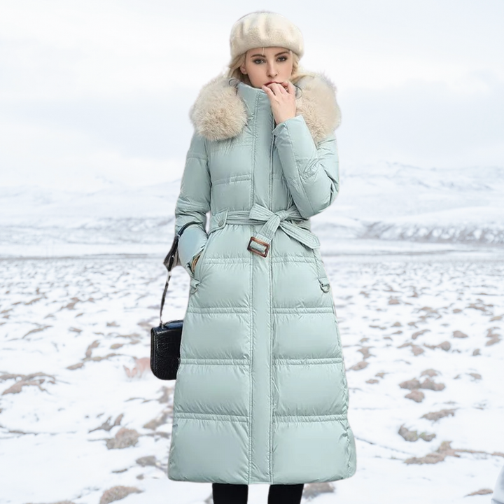 Women's Long Down Coat - Hooded and Fluffy Collar