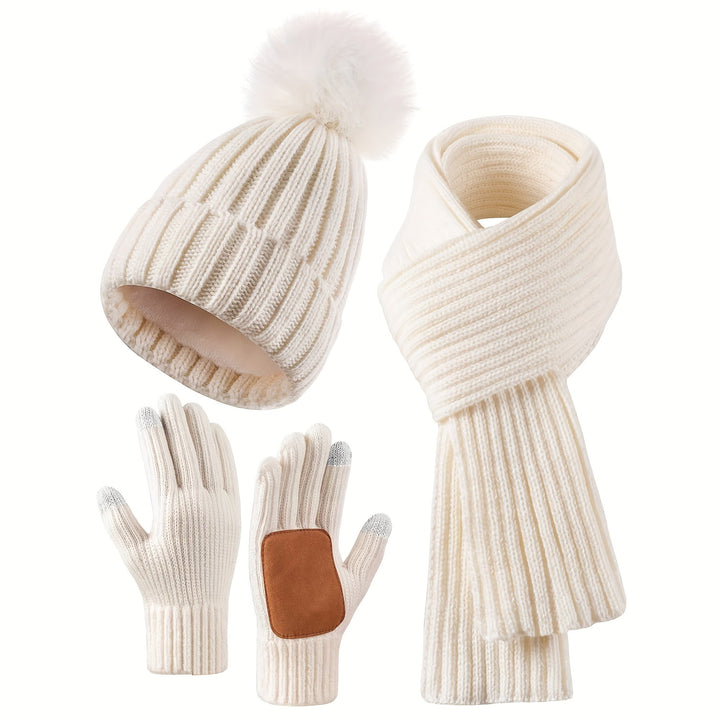 Women's Knitted Winter Set 3 in 1 - Pompom Hat, Scarf and Touchscreen Gloves