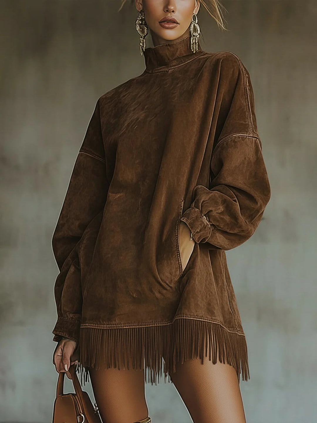 Fausz Suede Turtleneck Dress with Fringe