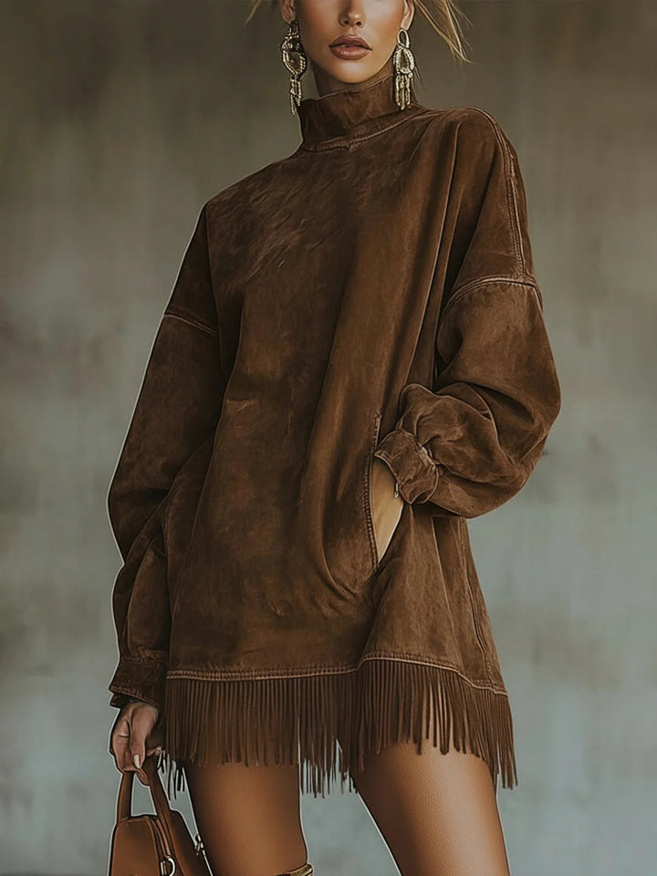 Fausz Suede Turtleneck Dress with Fringe