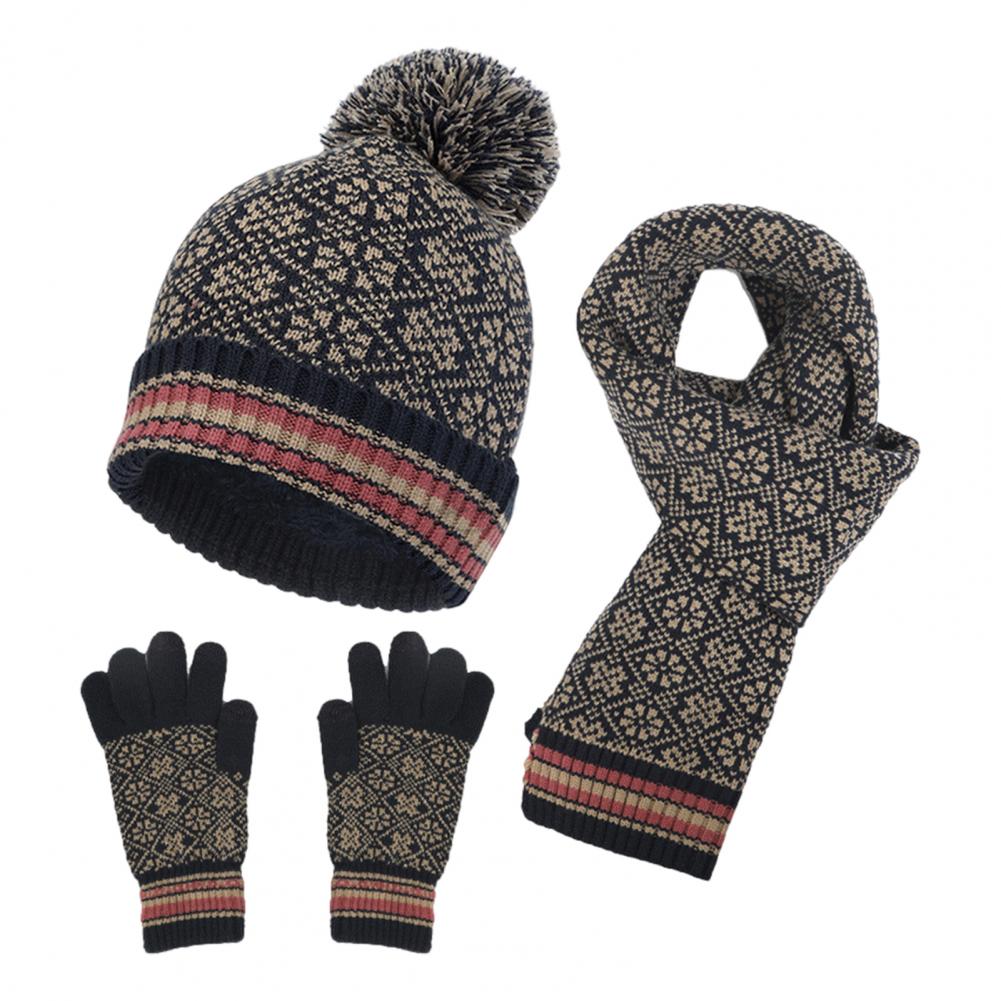 Women's 3-in-1 Winter Set with Jacquard Pattern - Pompom Hat, Scarf and Touchscreen Gloves