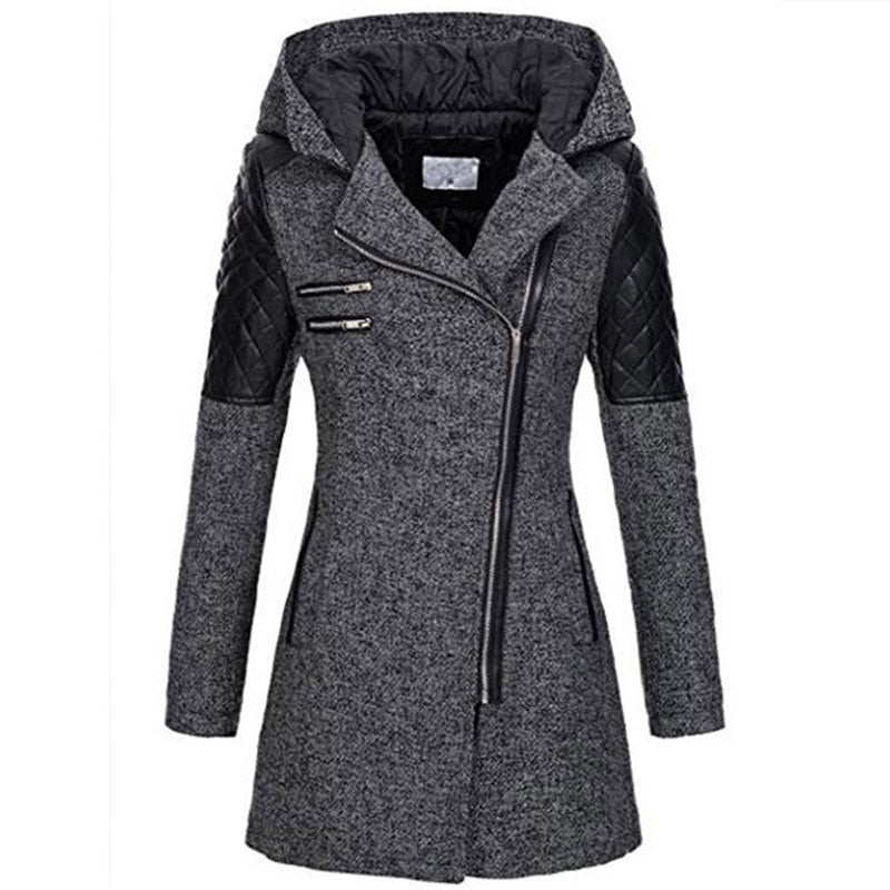 Women's Hooded Winter Coat - Asymmetric Zipper