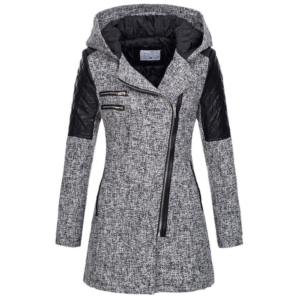 Women's Hooded Winter Coat - Asymmetric Zipper