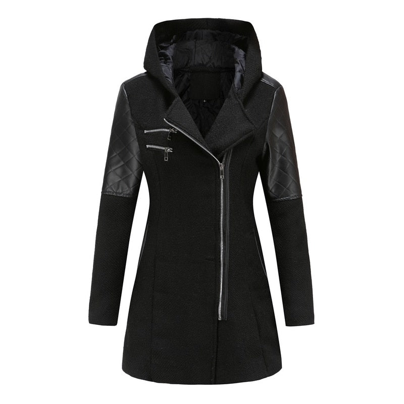 Women's Hooded Winter Coat - Asymmetric Zipper