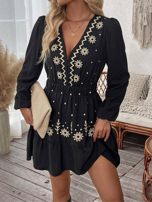 Lottie | Elegante geborduurde casual jurk met lange mouwen