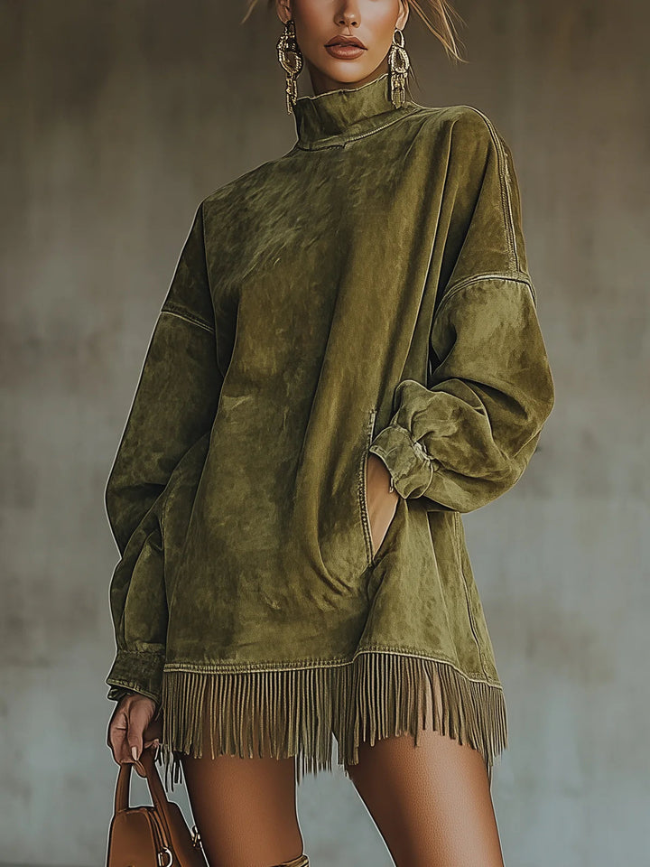 Fausz Suede Turtleneck Dress with Fringe
