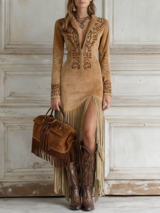 Ophelia | Western maxi-jurk met halflange rits en geborduurd imitatiesuède en franjes