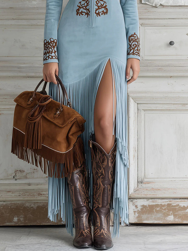 Ophelia | Western maxi-jurk met halflange rits en geborduurd imitatiesuède en franjes