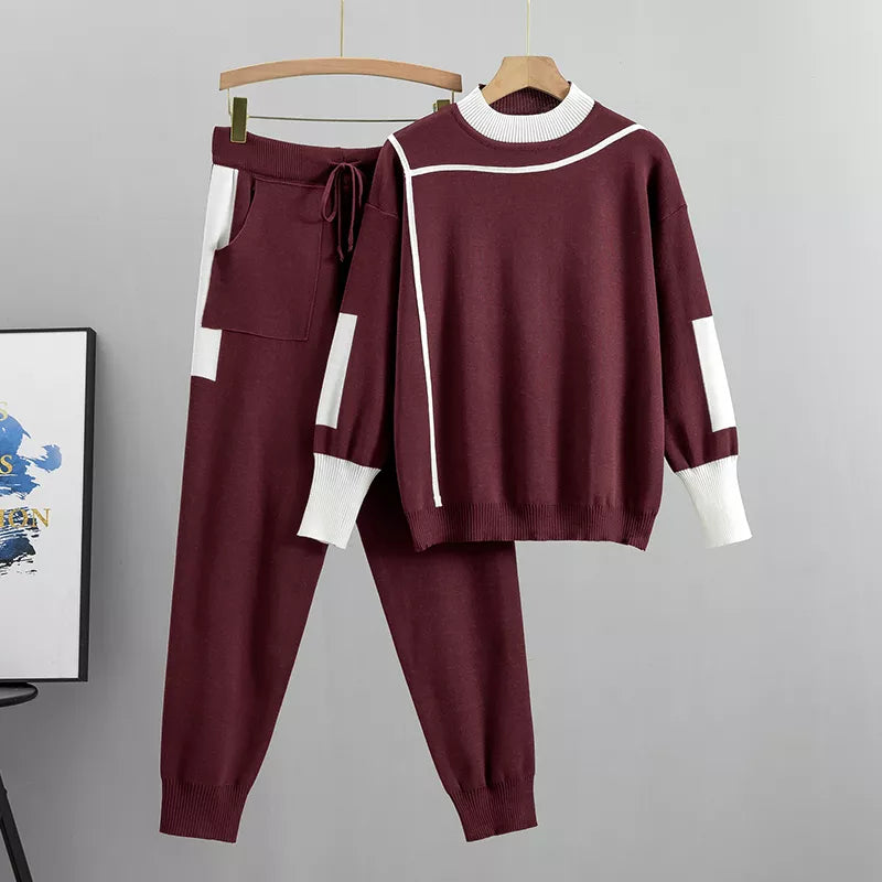 Women's Lounge Set - High Collar Sweater and Drawstring Trousers