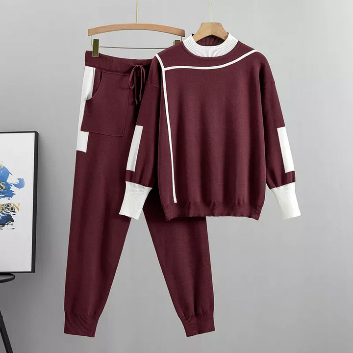 Women's Lounge Set - High Collar Sweater and Drawstring Trousers