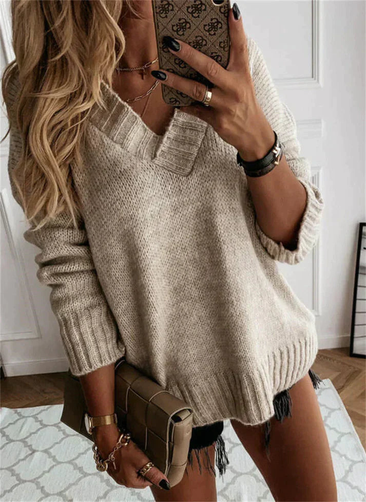 Women's V-Neck Knitted Sweater - Cozy and Comfortable