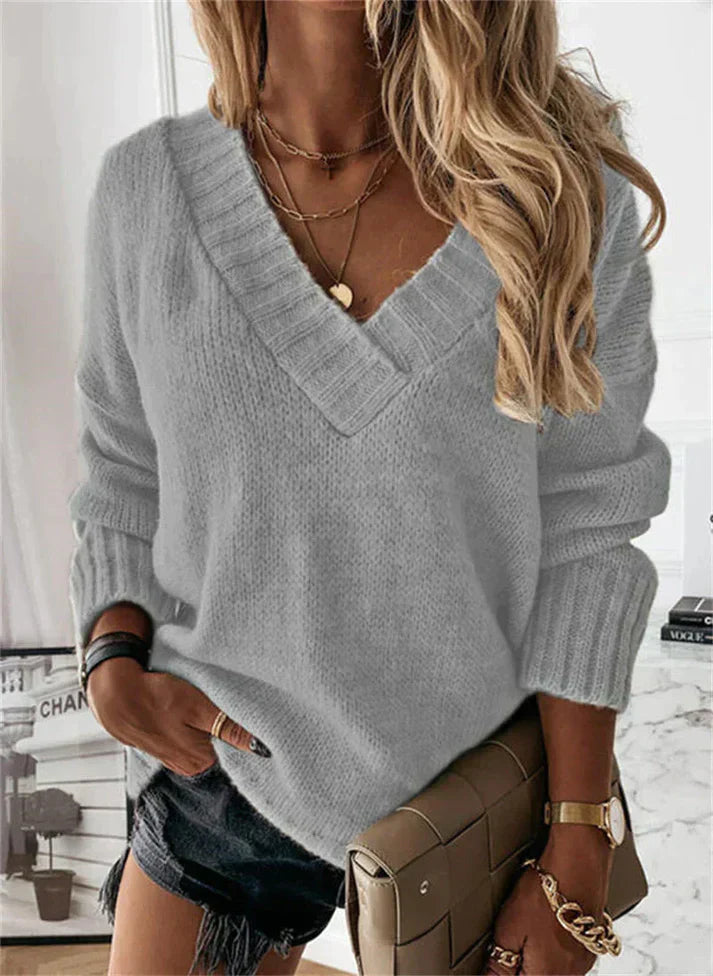Women's V-Neck Knitted Sweater - Cozy and Comfortable