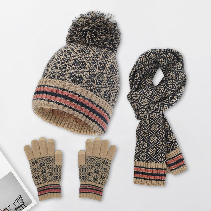 Women's 3-in-1 Winter Set with Jacquard Pattern - Pompom Hat, Scarf and Touchscreen Gloves