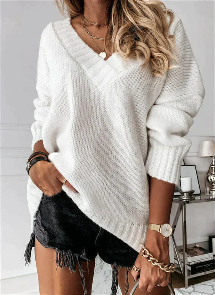 Women's V-Neck Knitted Sweater - Cozy and Comfortable