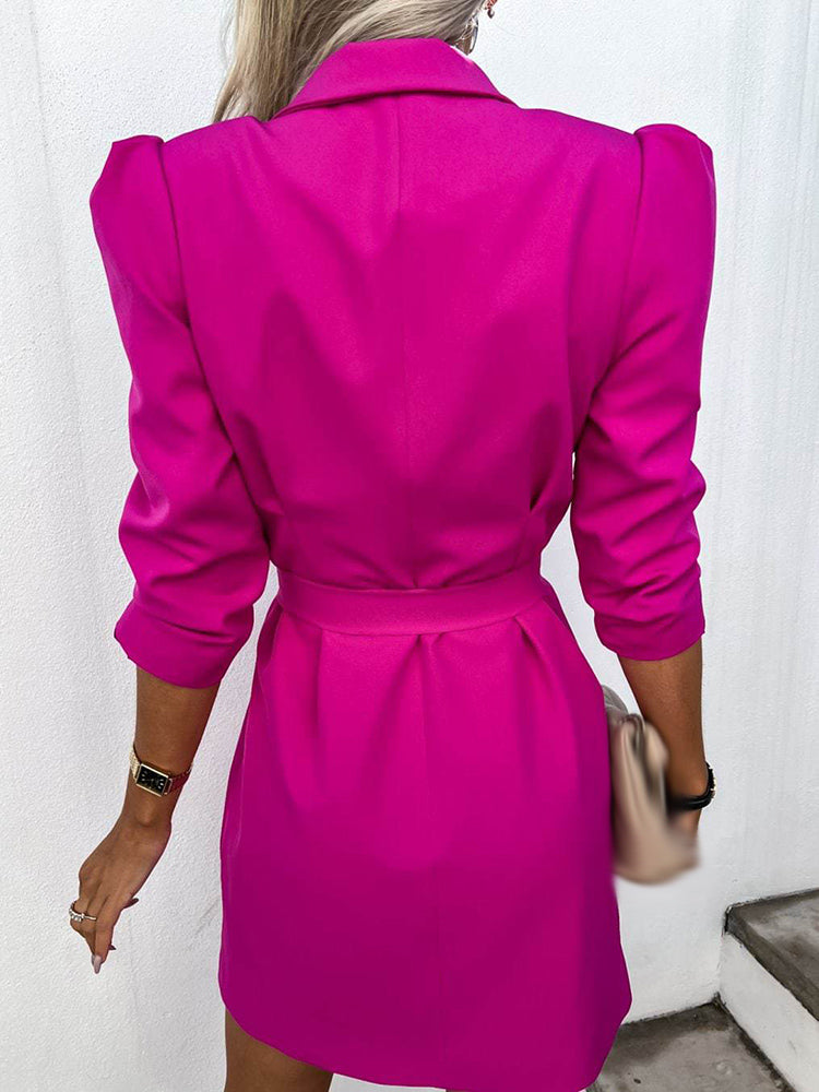 Damska Dwurzędowa Sukienka Mini - Elegancka z Bufiastym Rękawem