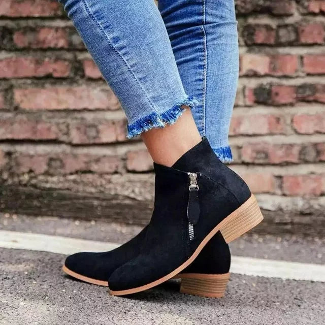 Women's Low Heel Ankle Boots - With Side Zipper