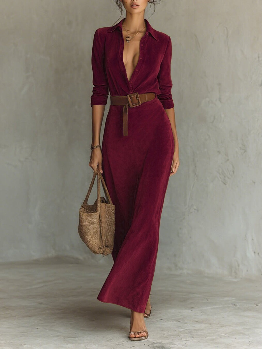 Suede maxi dress with single closure and collar
