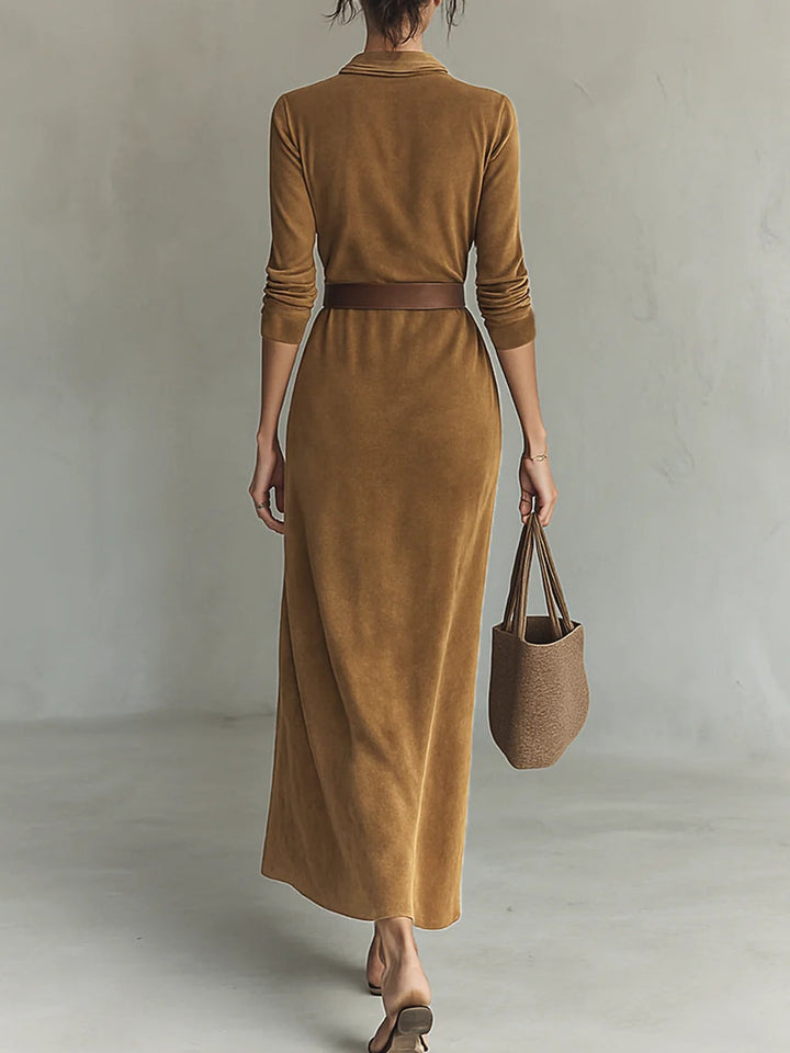 Suede maxi dress with single closure and collar