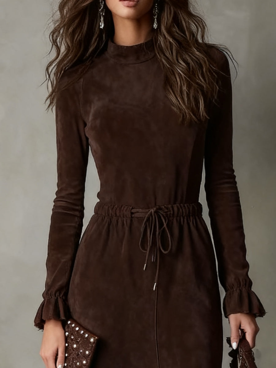 Elegant Dark Brown Suede Midi Dress with Tie