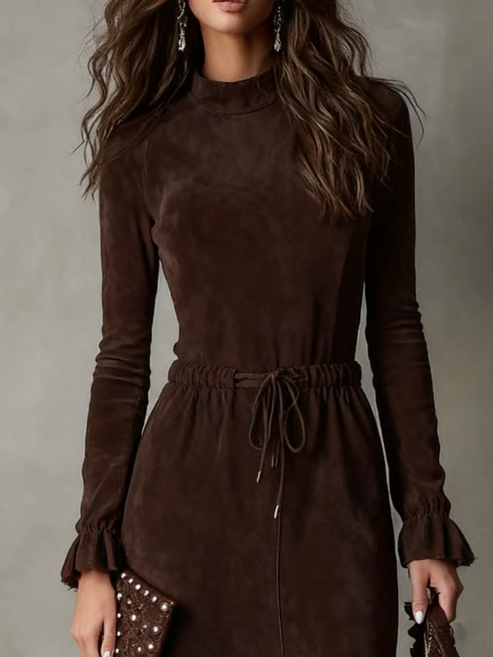 Elegant Dark Brown Suede Midi Dress with Tie