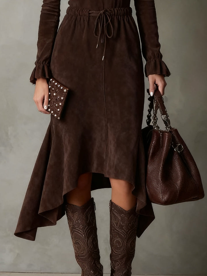 Elegant Dark Brown Suede Midi Dress with Tie