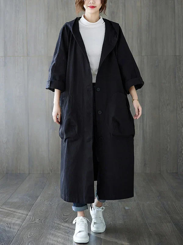 Women's Oversize Long Coat - Hooded and Large Pockets