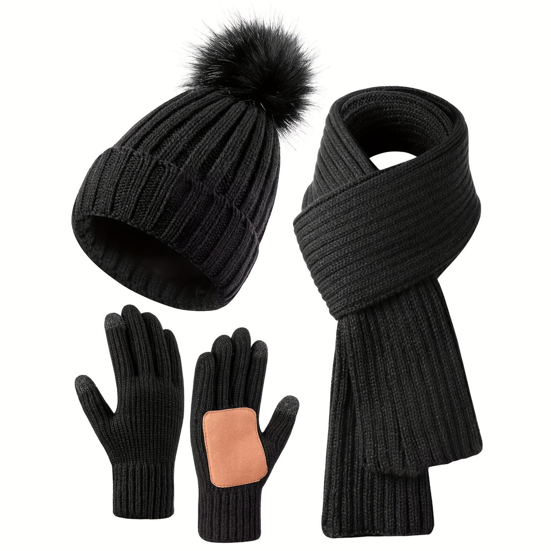 Women's Knitted Winter Set 3 in 1 - Pompom Hat, Scarf and Touchscreen Gloves