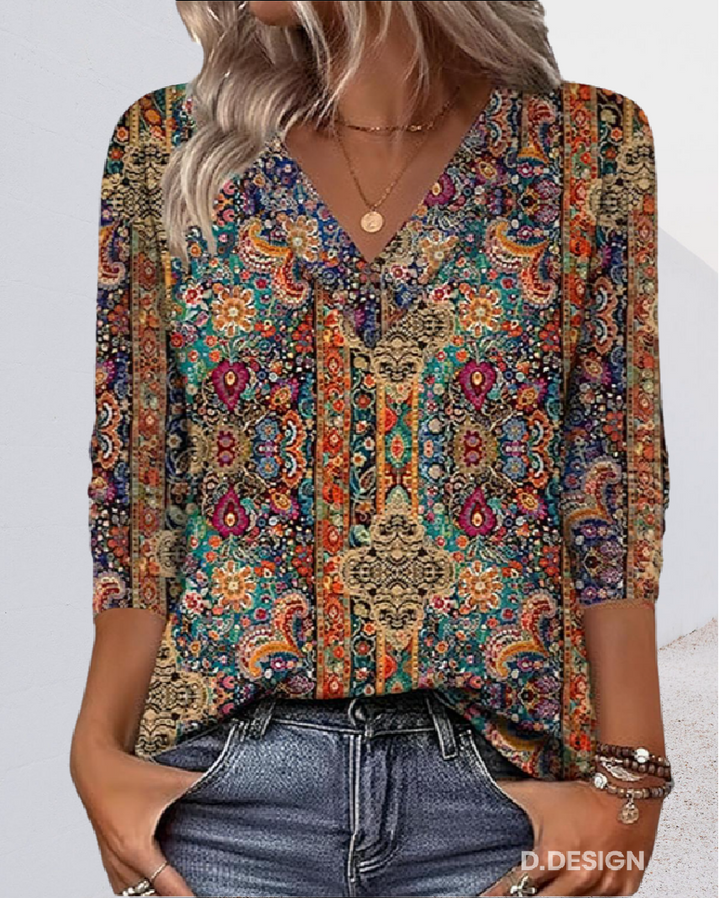 Marjanka | Retro Gedrukte Blouse V-Hals