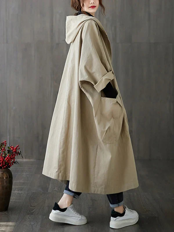 Women's Oversize Long Coat - Hooded and Large Pockets