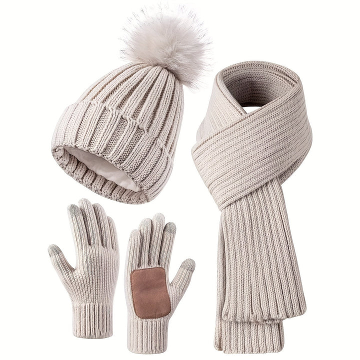 Women's Knitted Winter Set 3 in 1 - Pompom Hat, Scarf and Touchscreen Gloves